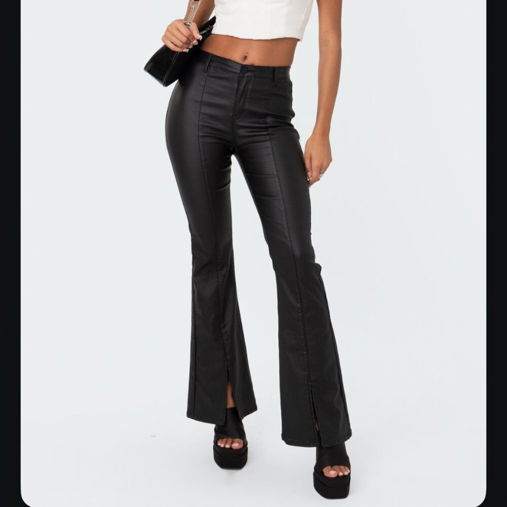 Black Faux Leather Slit Pants